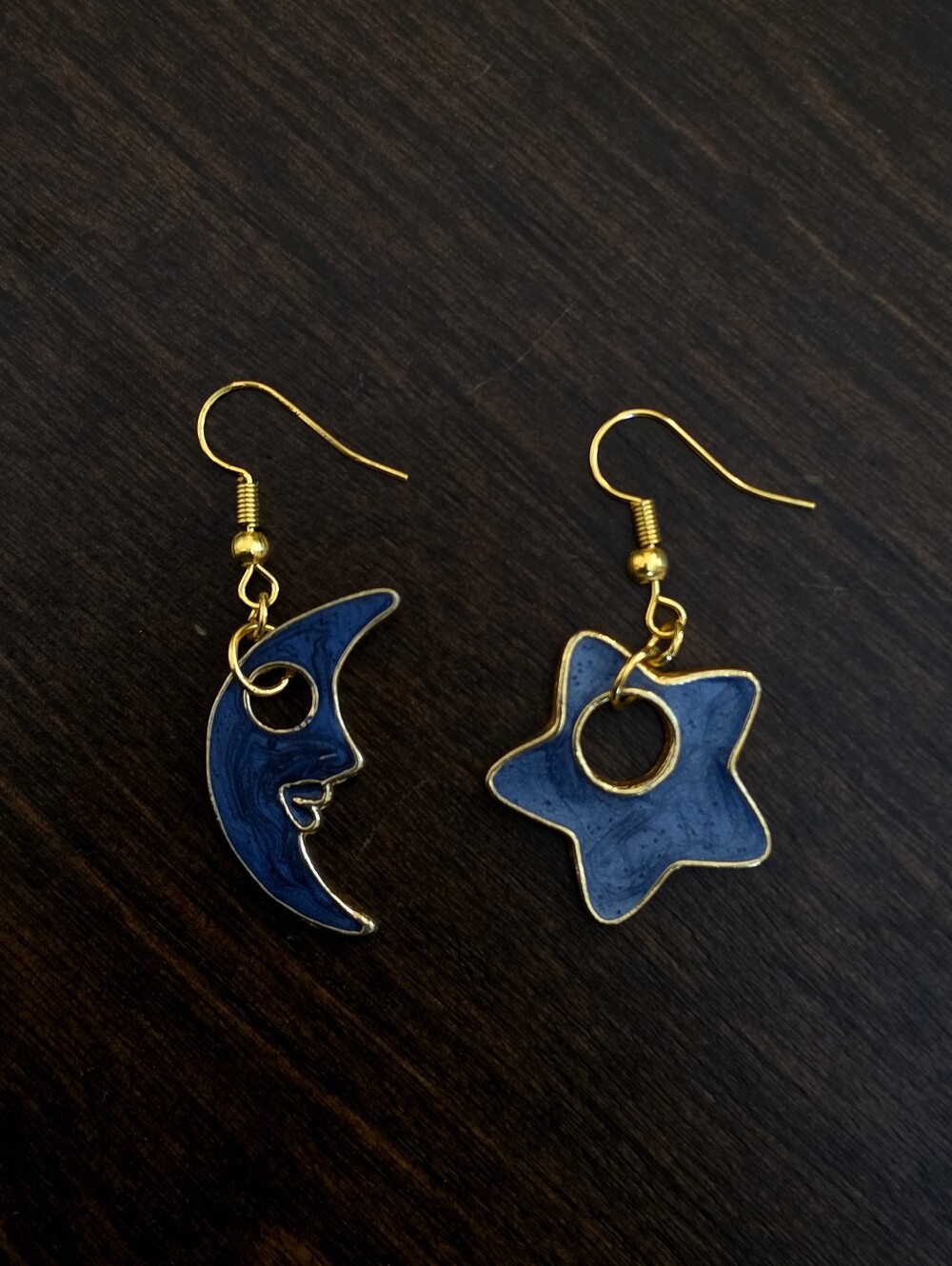 Moon and Star Blue Handmade Charm Earrings With Gold Accent Pair